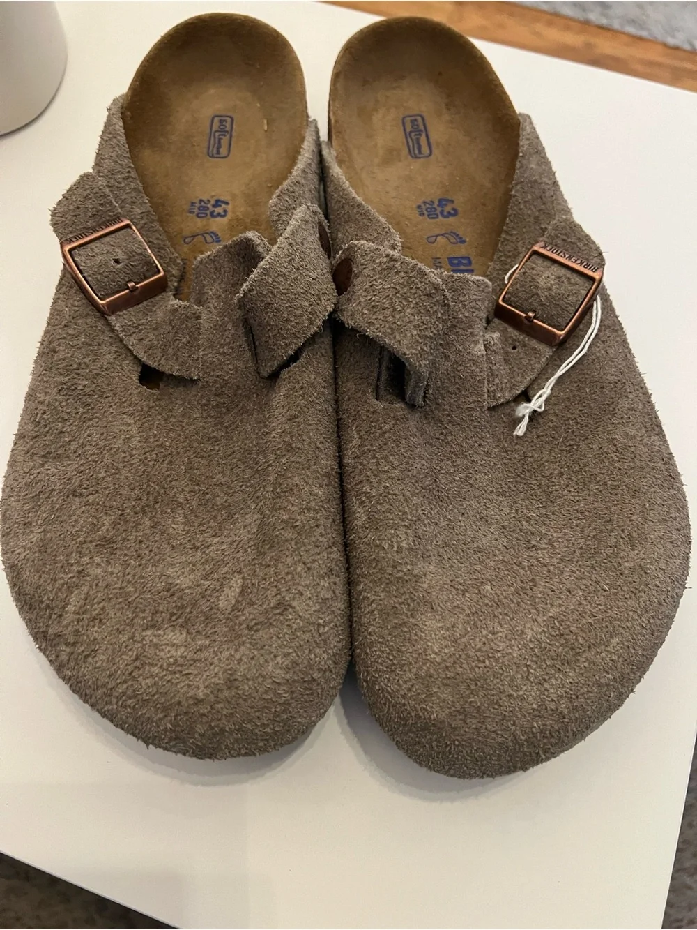 Birkenstock Suede Clogs in Brown with Copper Buckles - Picture 1 of 4